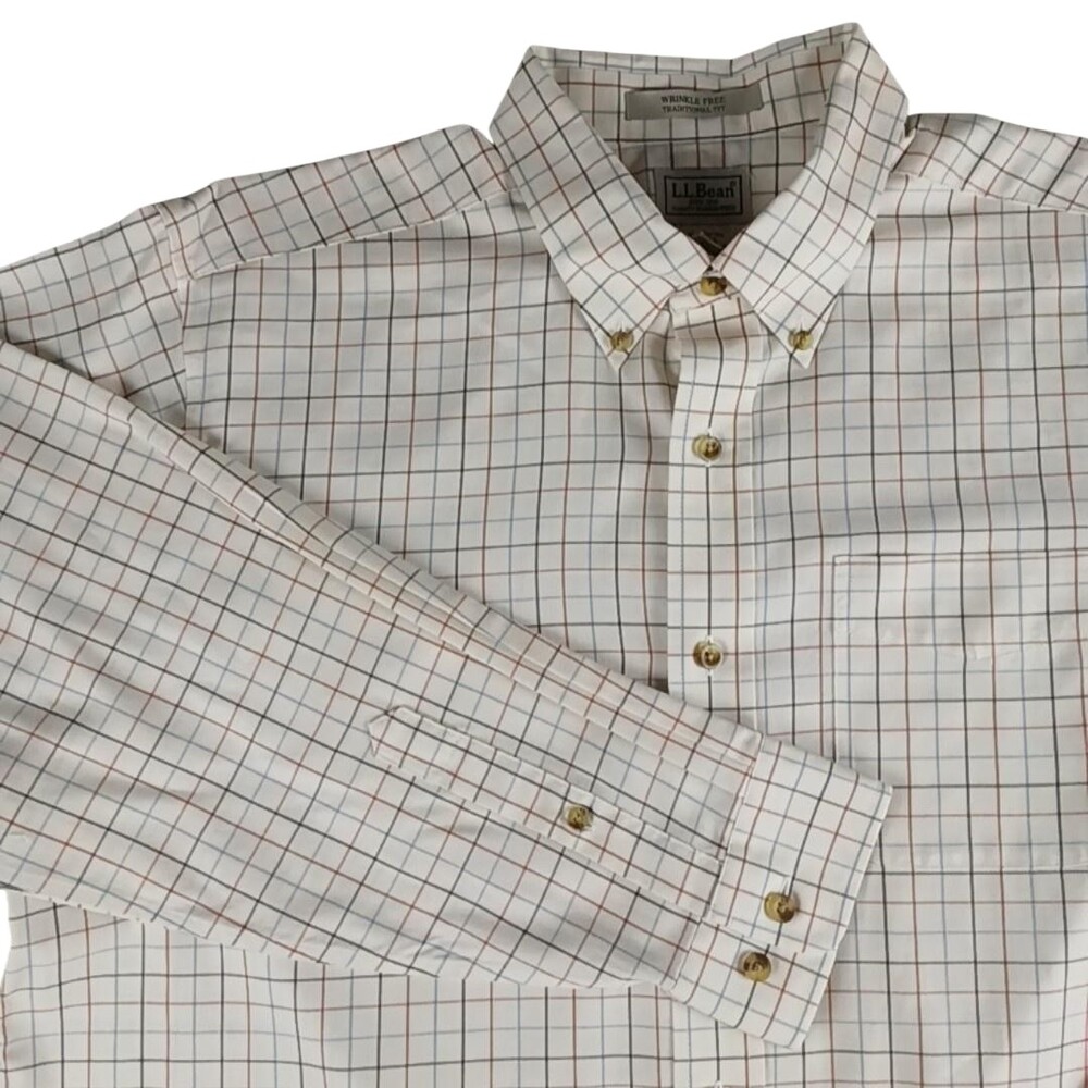 Vntg L.L. Bean Dress Shirt Men Large Beige Check Wrinkle Free Button Down Cotton